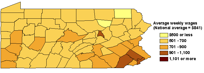 Map of Average Weekly Wages in Pennsylvania
