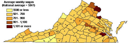 Map of Average Weekly Wages in Virginia