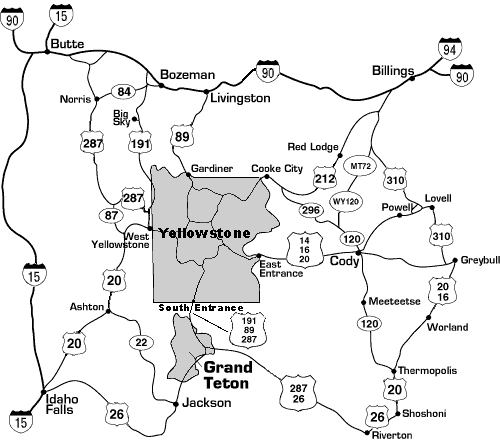 Map showing routes into Yellowstone National Park.
