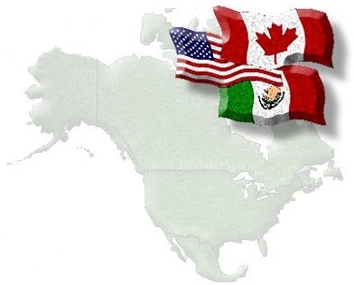 map of North America with flags of Canada, U.S., and Mexico