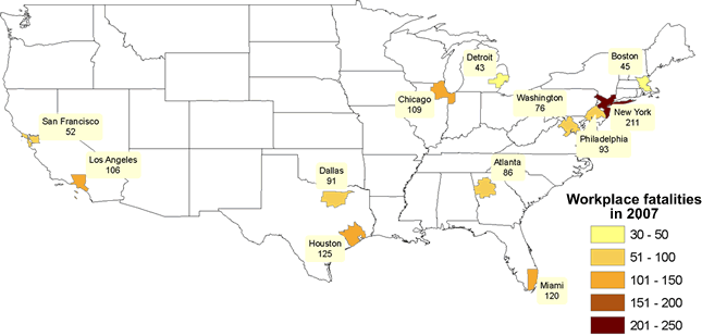 Map of total workplace fatalities in the 12 largest metropolitan areas in the United States, 2007