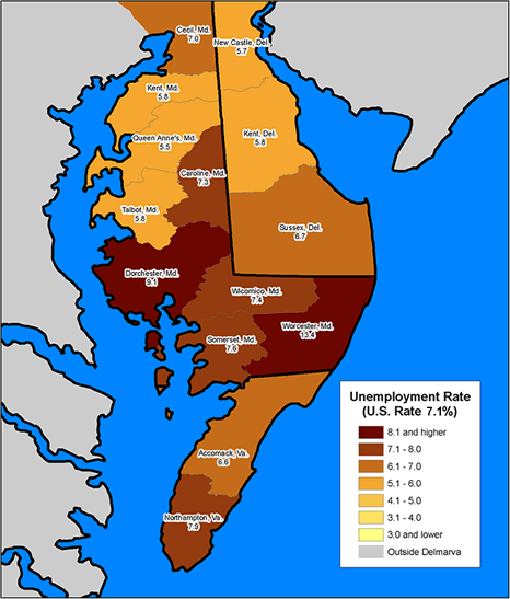 Map of Delmarva Peninsula showing unemployment rates.