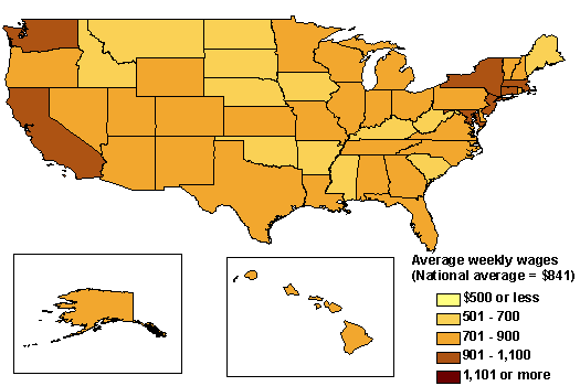 Map of Average Weekly Wages in the United States