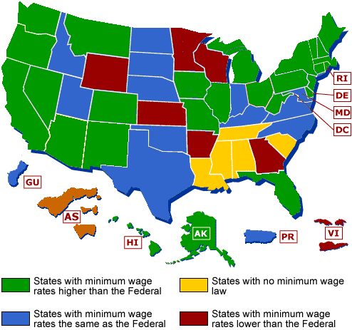 Map showing minimum wage laws in the States, January 1, 2009
