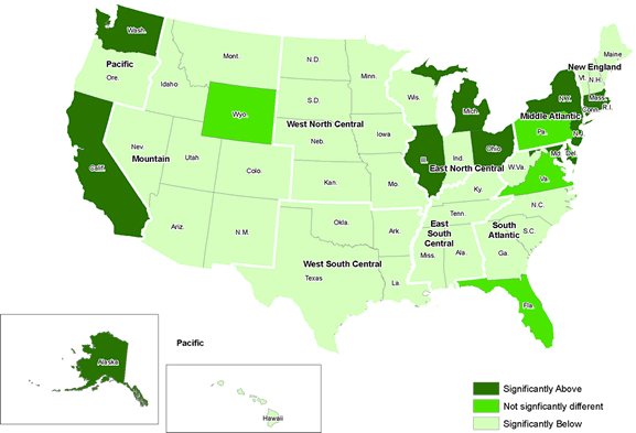 Chart 3.  Mean annual wages for elementary school teachers by state compared to the United States average, May 2007