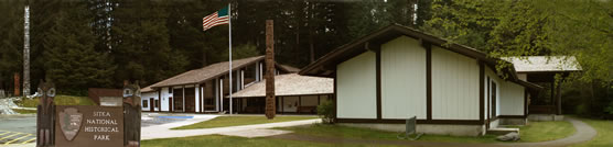 A panoramic view of the exterior of the Visitor Center.