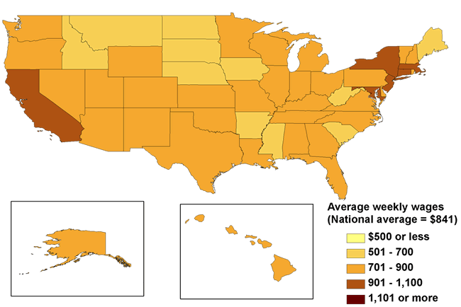 Chart 1. Average weekly wages in the 50 states and the District of Columbia, second quarter 2008