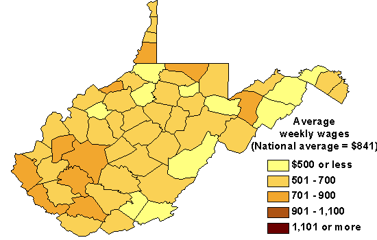 Map of Average Weekly Wages in West Virginia