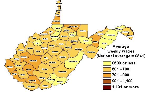 Chart 1. Average weekly wages, counties in West Virginia, third quarter 2008