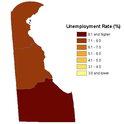 Unemployment rates in Delaware by county, March 2009