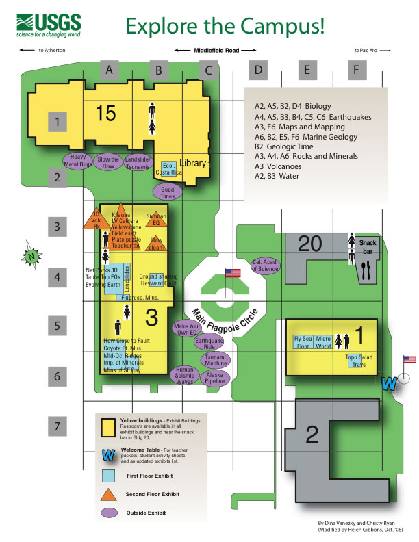 campus map showing the locations of the exhibits and bathrooms