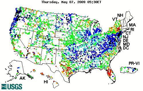 Stream gage levels in The United States, relative to 30 year average.