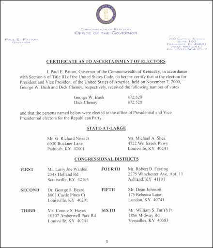 Certificate of Ascertainment Kentucky Page 1