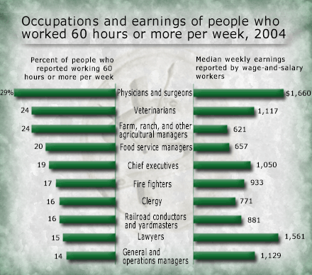 Occupations and earnings of people who worked 60 hours or more per week, 2004