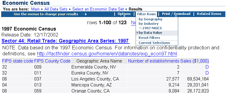 Data display:  Change Selections--Other Restrictions