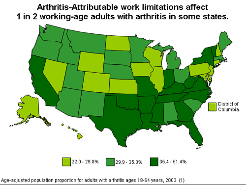 Map showing Arthritis-Attributable work limitations affect 1 in 2 working age adults with arthritis in some states