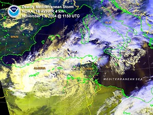 Satellite image of a strong storm system that affected the Mediterranean Sea during November 13-14, 2004