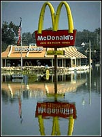 Photo of a McDonald's submerged in water.