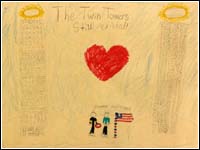 Thumbnail of child's illustration in remembrance of the one-year anniversary of September 11. Click for larger view.
