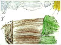 Thumbnail of a Texie Camp Marks Children's Center student's drawing of their experiences with Hurricane Isabel. Click for larger view.