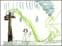 Thumbnail of a Texie Camp Marks Children's Center student's drawing of their experiences with Hurricane Isabel. Click for larger view.