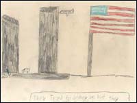 Thumbnail of child's illustration in remembrance of the one-year anniversary of September 11. Click for larger view.