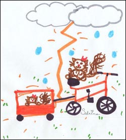 A child's illustration of a cat riding a bike in a lightning storm.