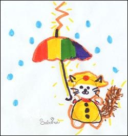 A child's illustration of a cat holding an umbrella.