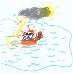 A child's illustration of a cat on an inner tube in a pond.