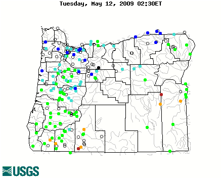 Current streamflow conditions in Oregon; click to go to a live map.