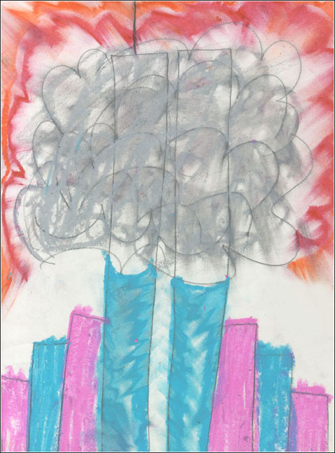 A child's illustration of the World Trade Center Attacks.