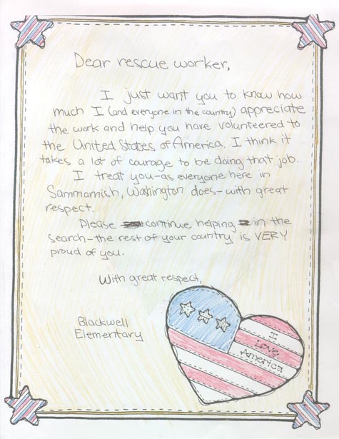 Kids to Kids Drawing Thanking Rescue Workers in the WTC and Pentagon Attacks.