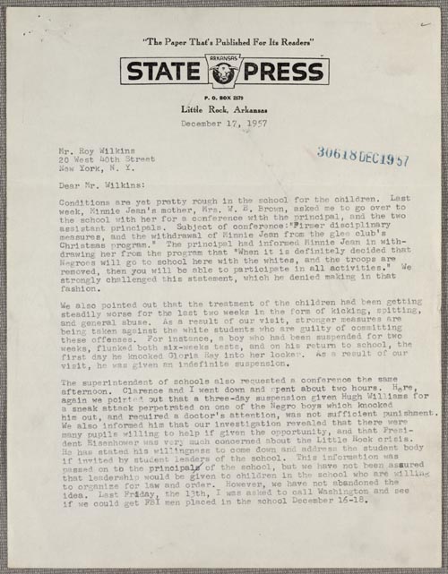 Image 1 of 2, Daisy Bates to Roy Wilkins, December 17, 1957, on 