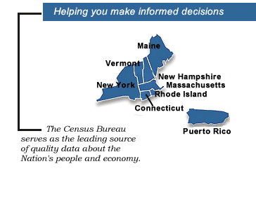 The Census Bureau serves as the leading source of quality data about the Nation's people and economy. We honor privacy, protect confidentiality, share our expertise globally, and conduct our work openly.  We are guided on this mission by our strong and capable workforce, our readiness to innovate, and our abiding commitment to our customers. The Boston region includes Maine, New Hampshire, Vermont, New York, Massachusetts, Rhode Island, Connecticut, and Puerto Rico