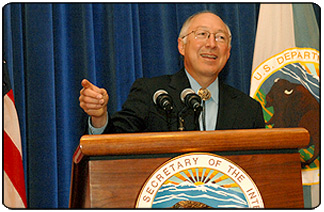 Secretary Salazar announces the FY2010 budget for the Department of the Interior at an all employee meeting. (Photo Credit: Tami Heilemann DOI)