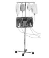 Photograph of an infusion pump that clearly shows four different medications in IV bags, and the pathways of the tubes to the pump machine.