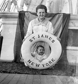 Agnes Tapley and Baby Della on the deck of a sailing ship in 1898.
