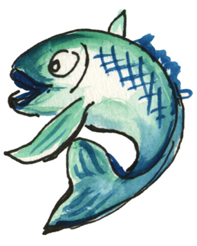 Drawing of a blue, jumping fish.