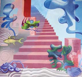A colorful mural showing a staircase and imaginative-looking sea creatures.