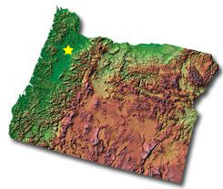 Image of Oregon with a star pinpointing the location of the capital.