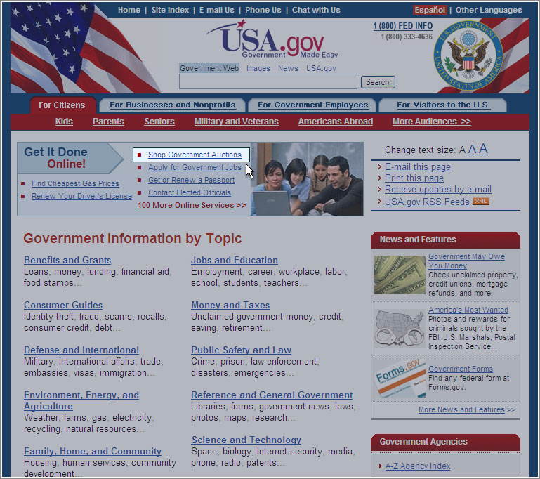USA.gov homepage highlighting the Shop Government Auctions link