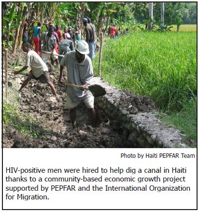 HIV-positive men were hired to help dig a canal in Haiti thanks to a community-based economic growth project supported by PEPFAR and the International Organization for Migration. Photo by Haiti PEPFAR Team