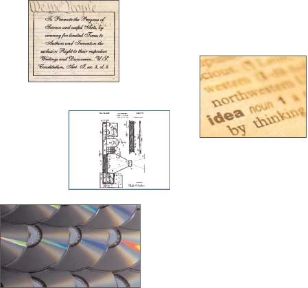 Photos: Excerpt of the Constitution, definition of idea, Electron Photography patent schematic and CDs