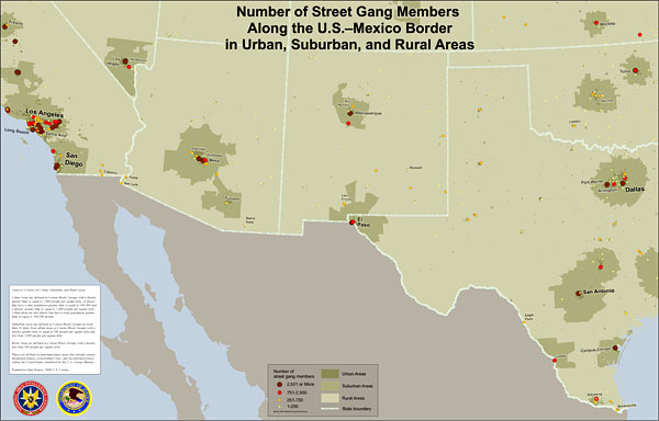 Map showing the number of street gang members along the U.S.-Mexico border in urban, suburban, and rural areas.
