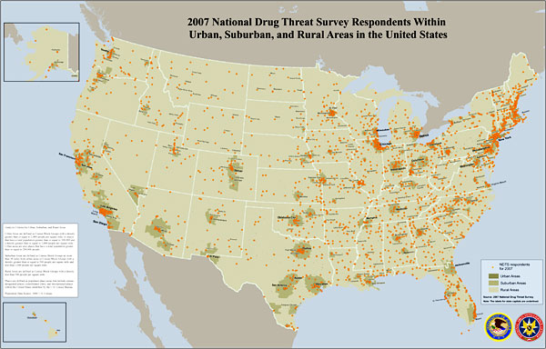U.S. map showing the 2007 National Drug Threat Survey respondents within urban, suburban, and rural areas in the United States.