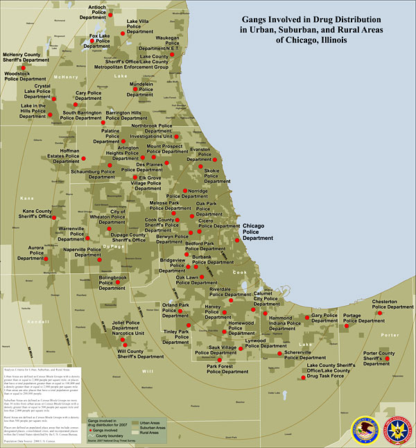 Map showing gangs involved in drug distribution in urban, suburban, and rural areas of Chicago, Illinois.