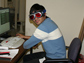 Photo of Raul Cal modeling the cool laser eye-protecting glasses used during the experiments.