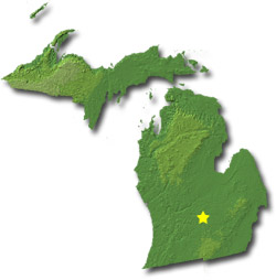 Image of Michigan with a star pinpointing the location of the capital.