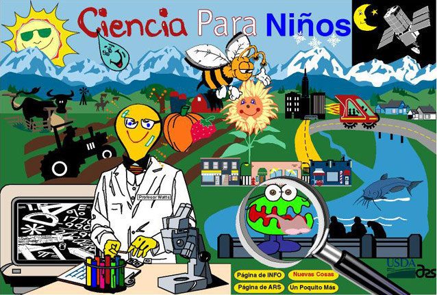 Una imagen que muestra al Profesor Watts, el guía de Ciencia Para Niños, con un paisaje de objetos que conectan con historias sobre la ciencia.