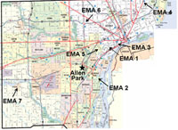 Map of Wayne County (Detroit Area), showing AIRS monitoring sites.
